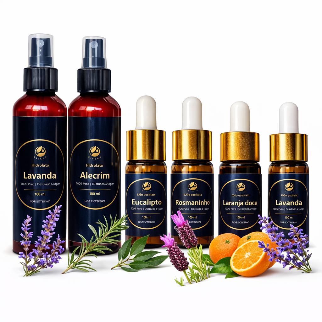 Pack Cuidado Diário – Hidrolato de Lavanda + Hidrolato de Alecrim + Óleo Essencial de Rosmaninho + Eucalipto + Laranja Doce + Lavanda (4×10 ml / 2x100 ml)