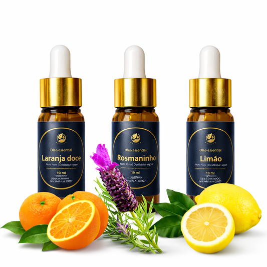 Pack Frescura Cítrica Aromaterapia – Laranja Doce + Rosmaninho + Limão (3×10 ml) – 100% Óleos Essenciais Naturais