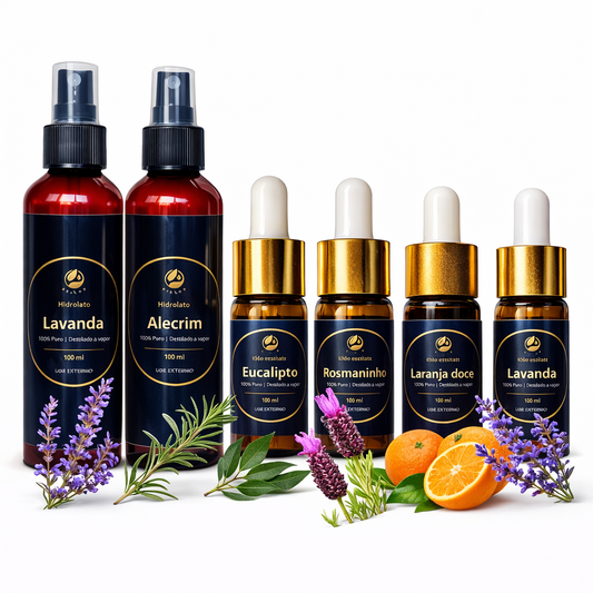 Pack Cuidado Diário – Hidrolato de Lavanda + Hidrolato de Alecrim + Óleo Essencial de Rosmaninho + Eucalipto + Laranja Doce + Lavanda (4×10 ml / 2x100 ml)